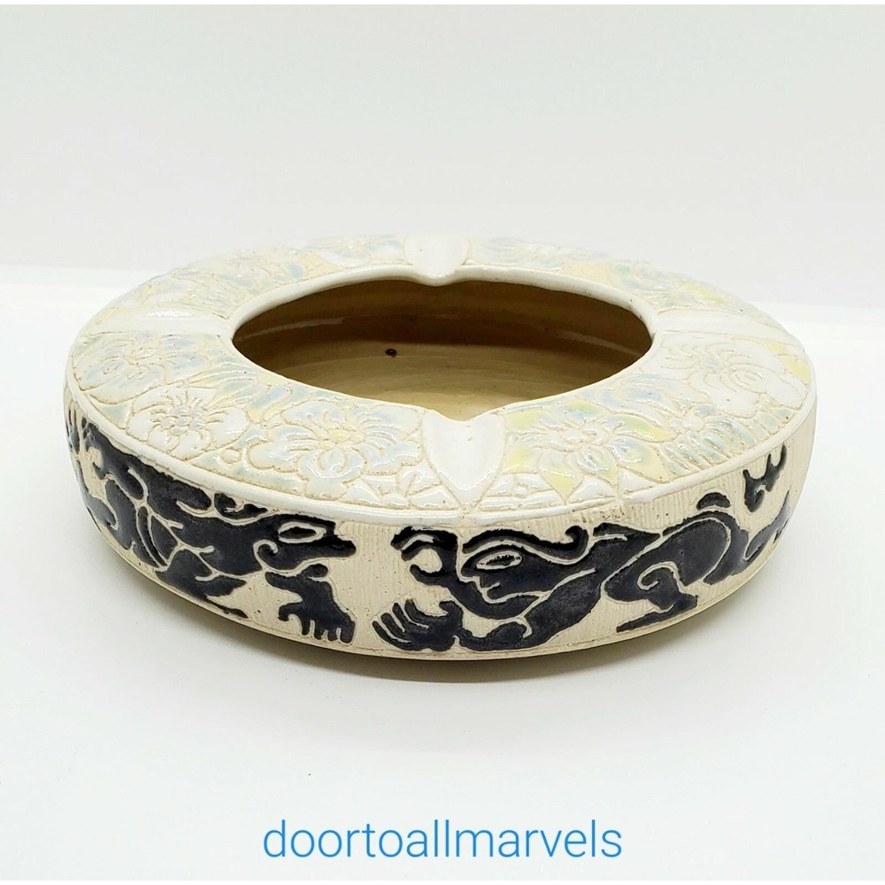 Vintage Dona Vietnam Pottery Mid Century Ashtray Round Enameled Ceramic Large